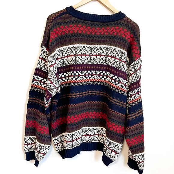 Vintage 90s Nordic Fair Isle Striped Mens Sweater Size XL Cabin Ski Dad Grandpa - Picture 2 of 8